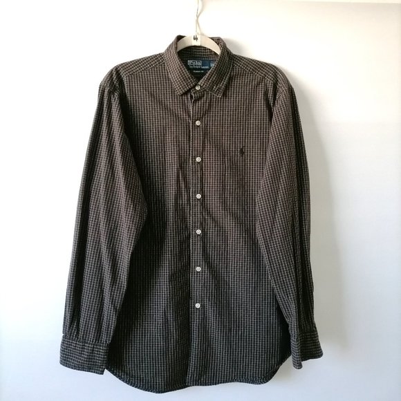 Polo By Ralph Lauren Mens Taupe Gray Check Classic Fit Button-Up Shirt Size L - Picture 1 of 6
